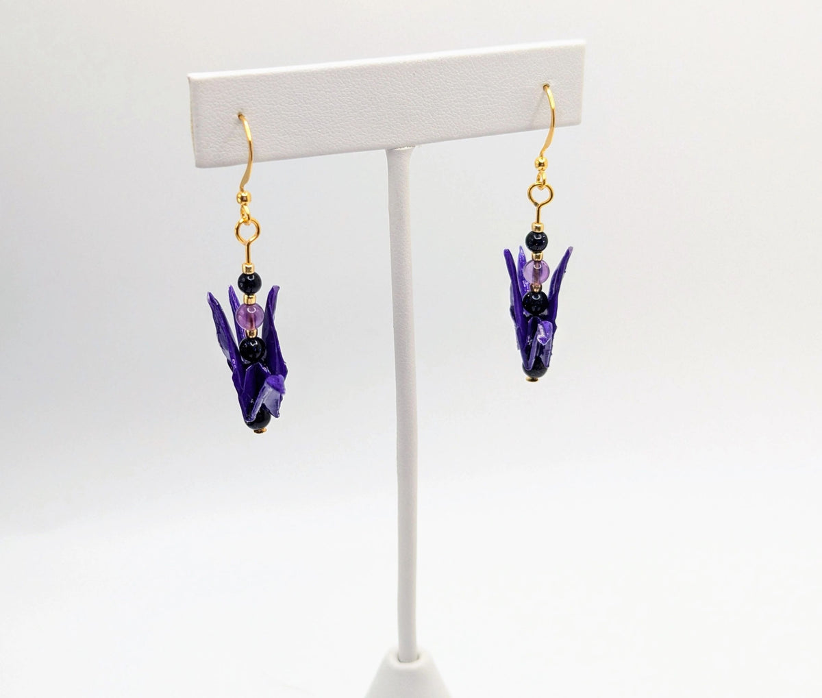 Deep Purple Origami Crane Earrings, Amethyst and Blue Goldstone - Gold Wires - Small