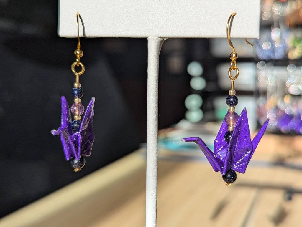 Deep Purple Origami Crane Earrings, Amethyst and Blue Goldstone - Gold Wires - Small