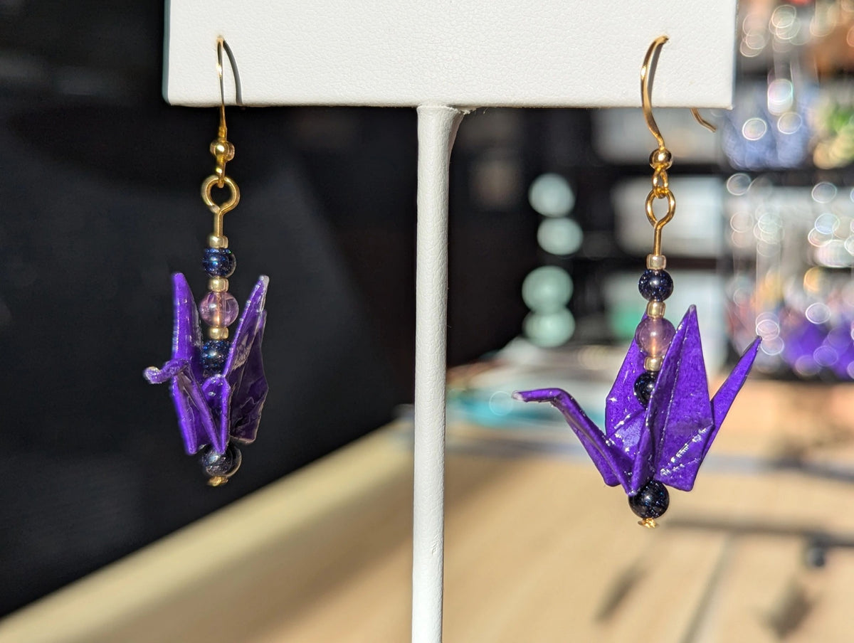 Deep Purple Origami Crane Earrings, Amethyst and Blue Goldstone - Gold Wires - Small