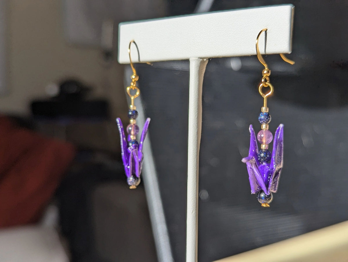 Deep Purple Origami Crane Earrings, Amethyst and Blue Goldstone - Gold Wires - Small