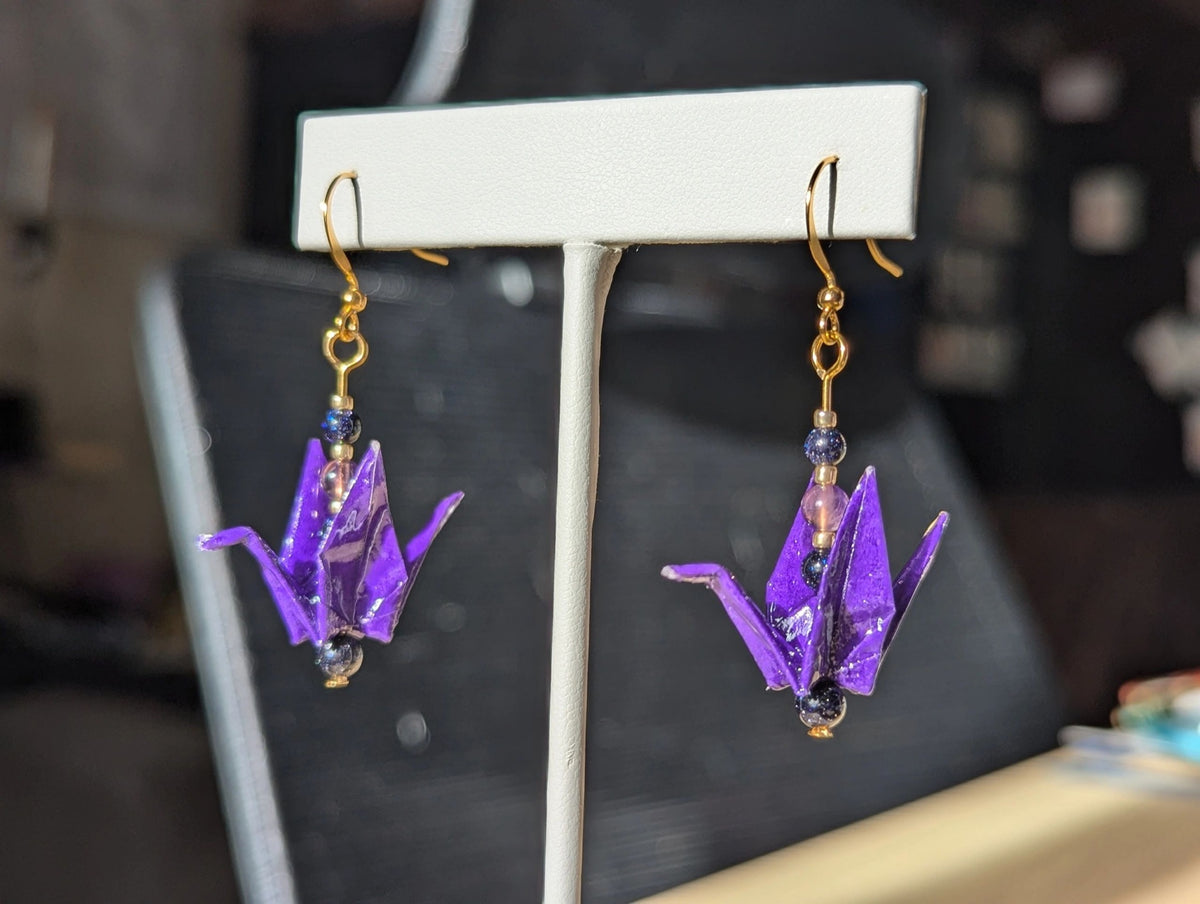 Deep Purple Origami Crane Earrings, Amethyst and Blue Goldstone - Gold Wires - Small