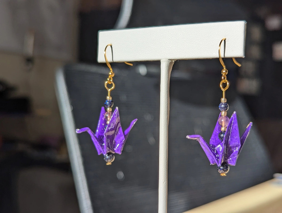 Deep Purple Origami Crane Earrings, Amethyst and Blue Goldstone - Gold Wires - Small