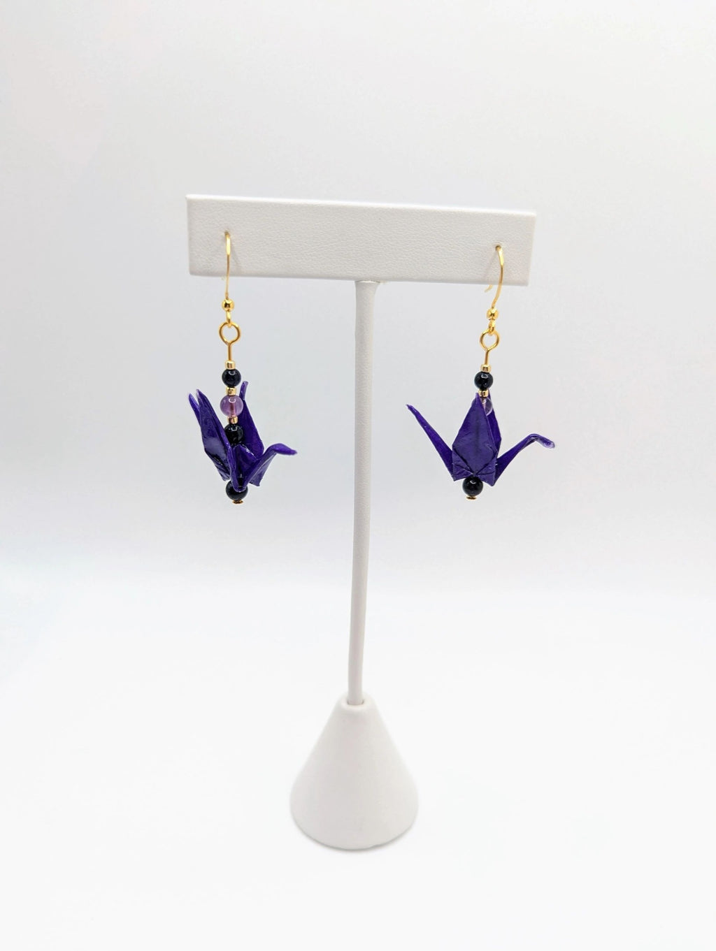 Deep Purple Origami Crane Earrings, Amethyst and Blue Goldstone - Gold Wires - Small