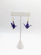 Deep Purple Origami Crane Earrings, Amethyst and Blue Goldstone - Gold Wires - Small