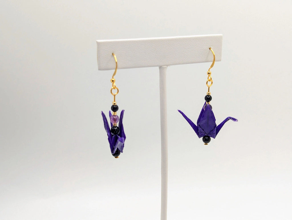 Deep Purple Origami Crane Earrings, Amethyst and Blue Goldstone - Gold Wires - Small
