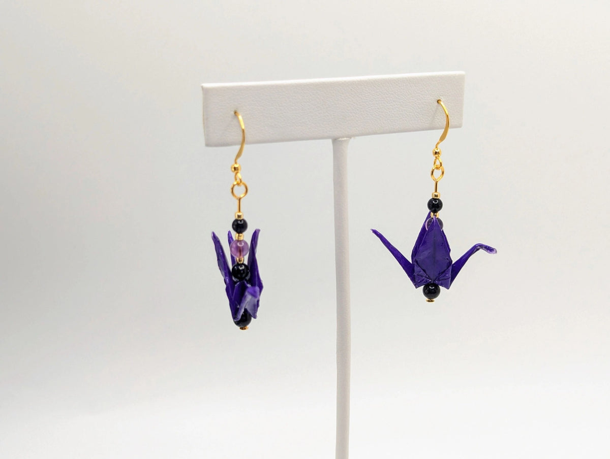 Deep Purple Origami Crane Earrings, Amethyst and Blue Goldstone - Gold Wires - Small