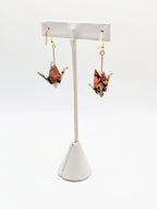 Red Multi Chiyogami Origami Crane Earrings, White Agate - Gold Wires - Small