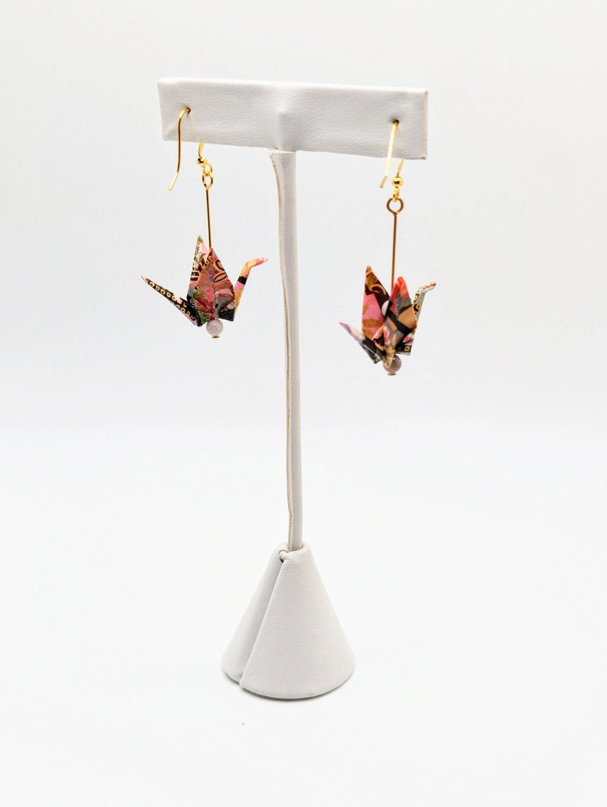 Red Multi Chiyogami Origami Crane Earrings, White Agate - Gold Wires - Small