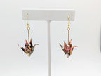 Red Multi Chiyogami Origami Crane Earrings, White Agate - Gold Wires - Small