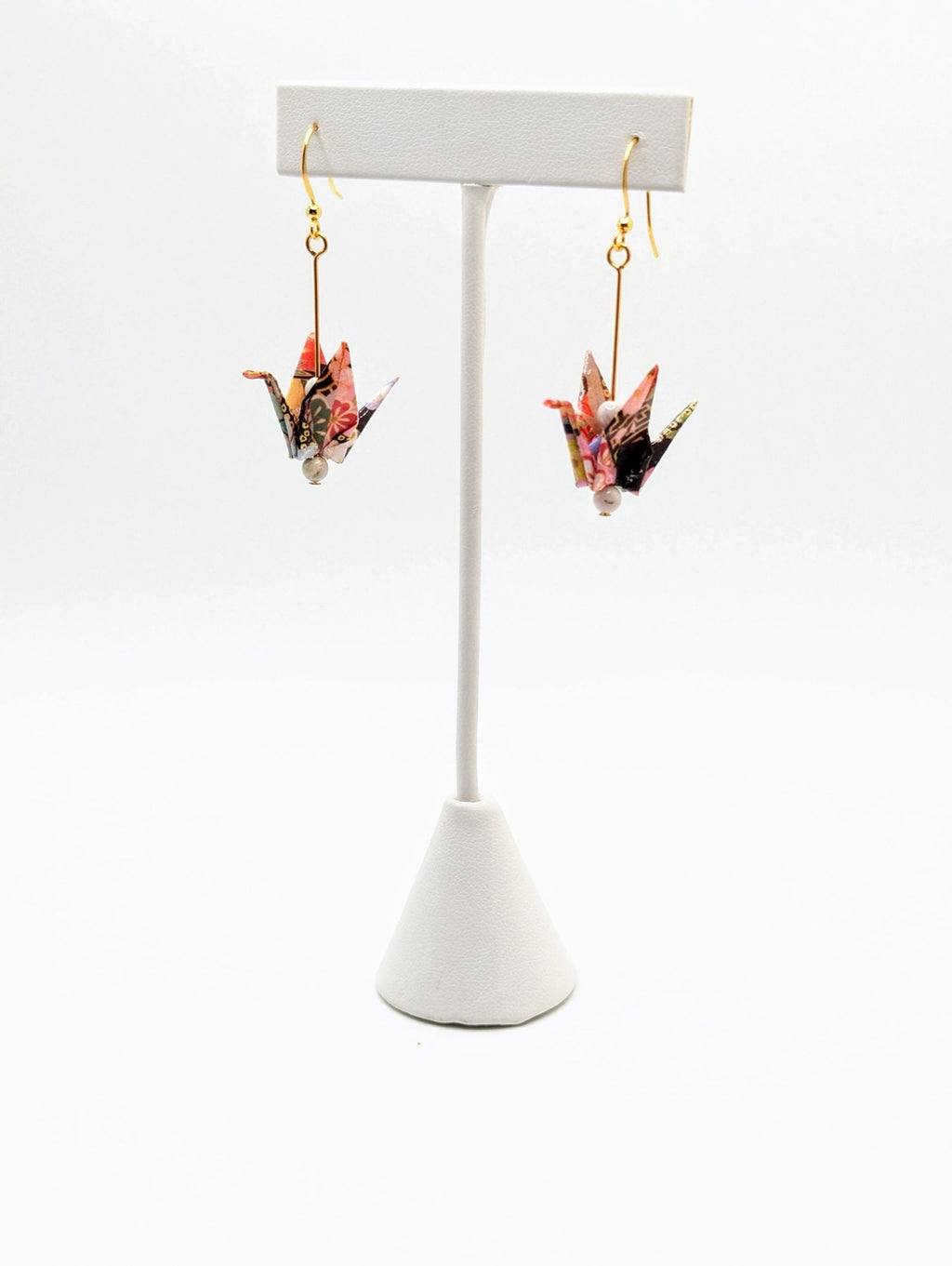 Red Multi Chiyogami Origami Crane Earrings, White Agate - Gold Wires - Small