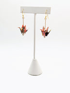 Red Multi Chiyogami Origami Crane Earrings, White Agate - Gold Wires - Small