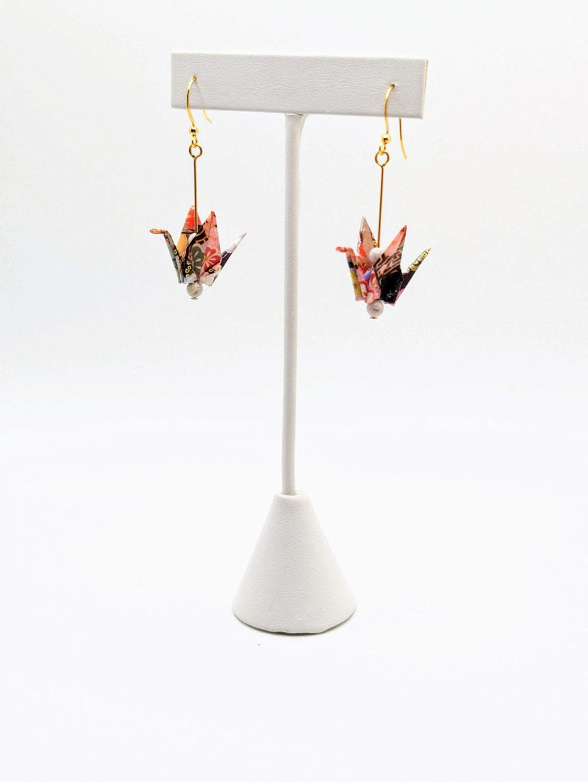 Red Multi Chiyogami Origami Crane Earrings, White Agate - Gold Wires - Small
