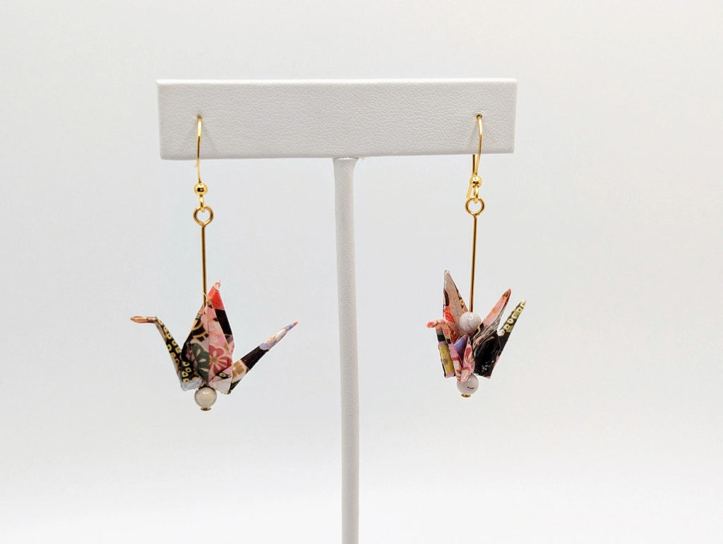 Red Multi Chiyogami Origami Crane Earrings, White Agate - Gold Wires - Small