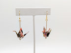 Red Multi Chiyogami Origami Crane Earrings, White Agate - Gold Wires - Small