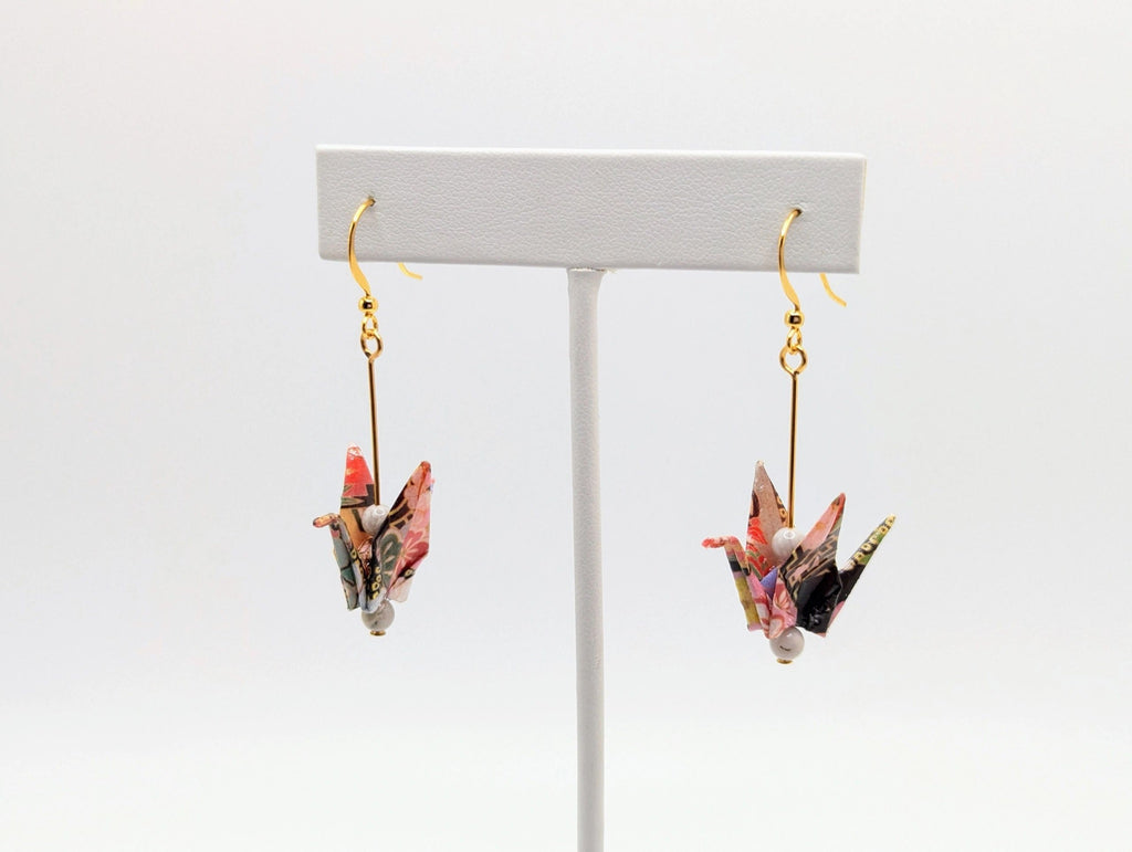 Red Multi Chiyogami Origami Crane Earrings, White Agate - Gold Wires - Small