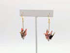 Red Multi Chiyogami Origami Crane Earrings, White Agate - Gold Wires - Small