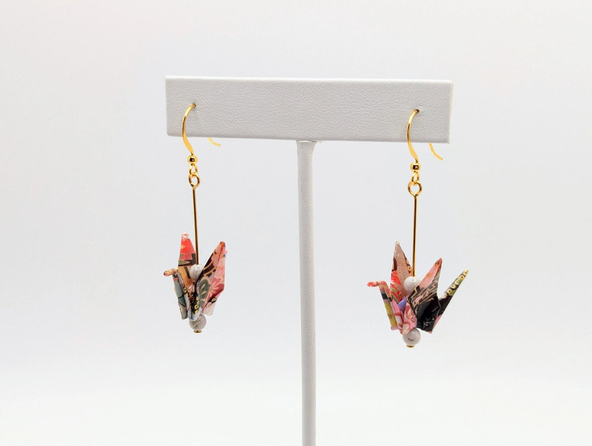Red Multi Chiyogami Origami Crane Earrings, White Agate - Gold Wires - Small