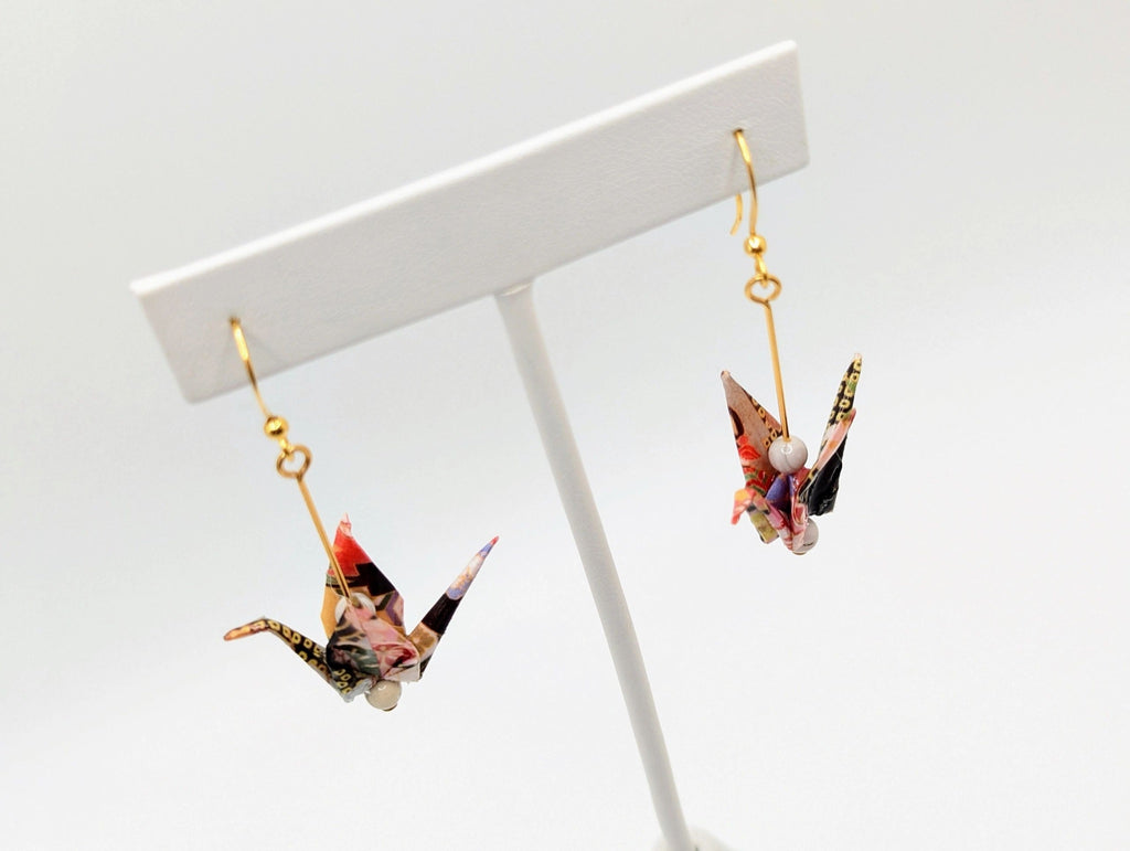 Red Multi Chiyogami Origami Crane Earrings, White Agate - Gold Wires - Small
