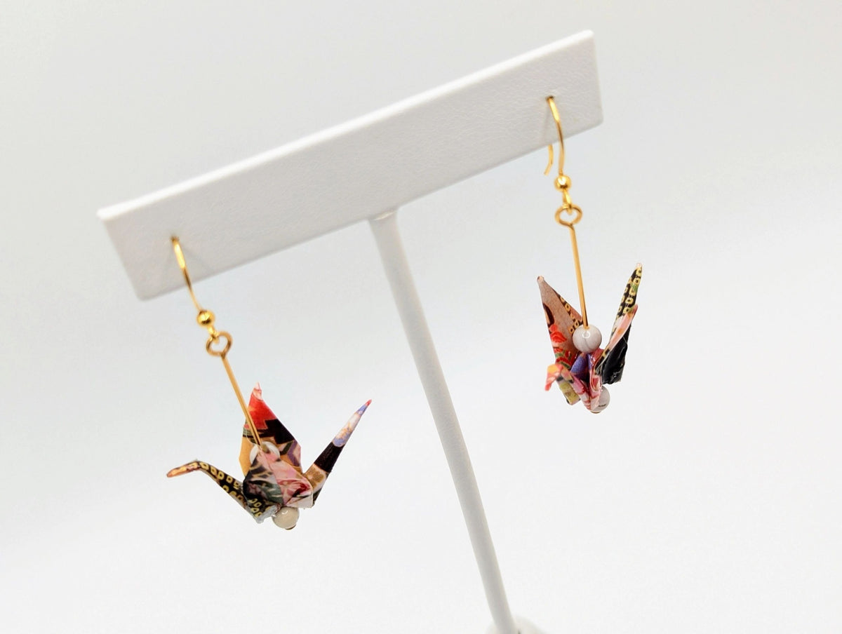 Red Multi Chiyogami Origami Crane Earrings, White Agate - Gold Wires - Small