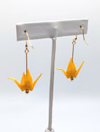 Soft Yellow Origami Crane Earrings - Gold Wires
