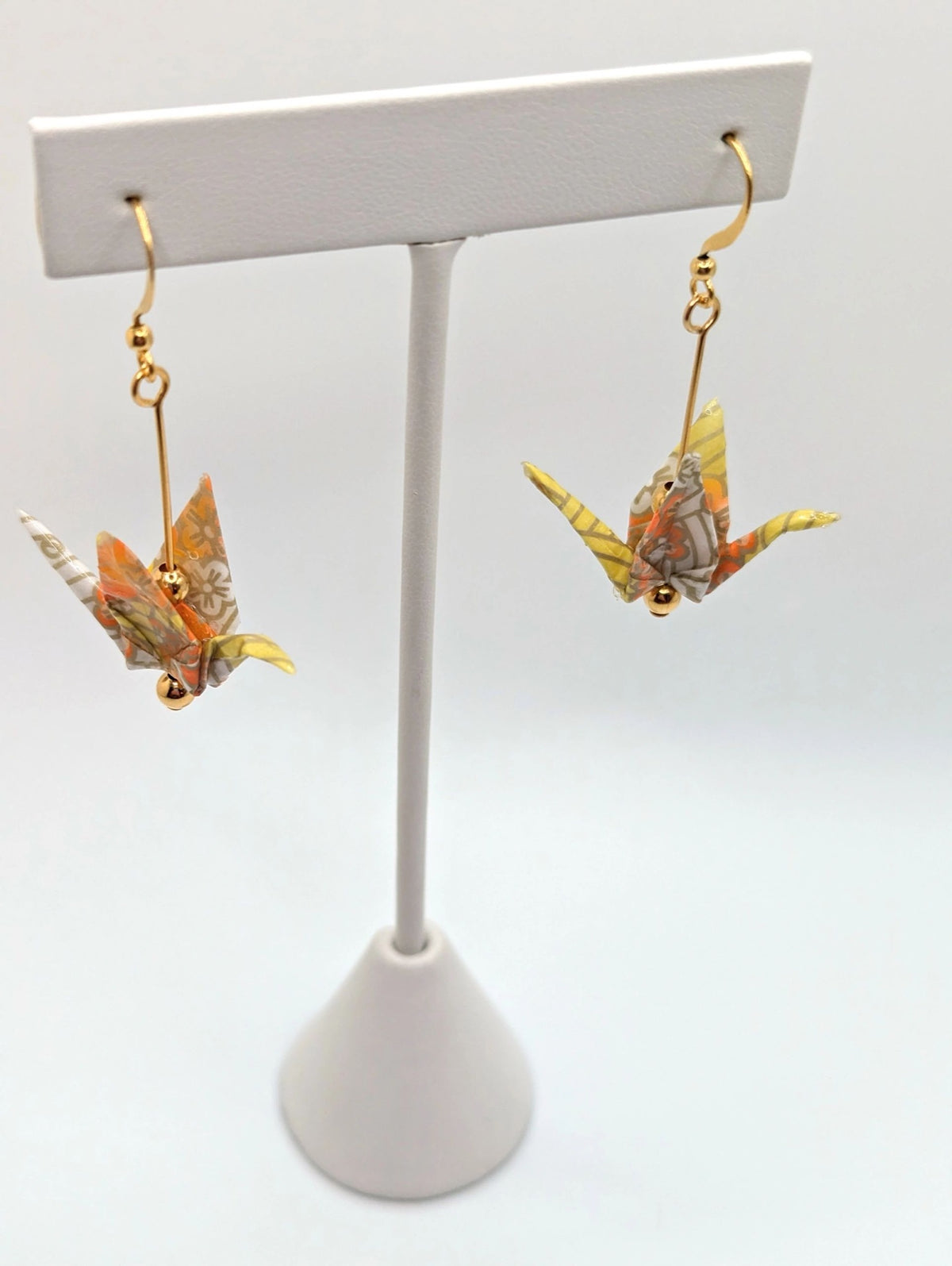 Yellow Chiyogami Origami Crane Earrings - Gold Wires