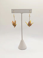 Yellow Chiyogami Origami Crane Earrings - Gold Wires