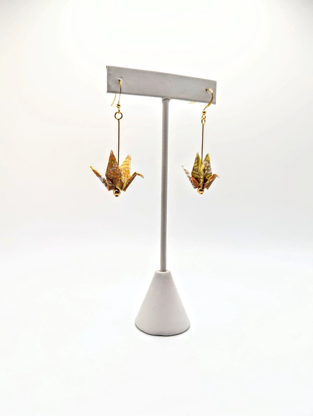 Yellow Chiyogami Origami Crane Earrings - Gold Wires
