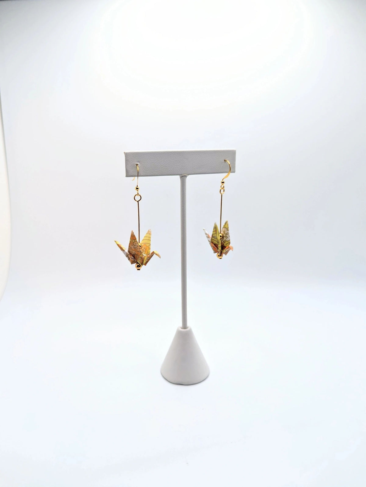 Yellow Chiyogami Origami Crane Earrings - Gold Wires