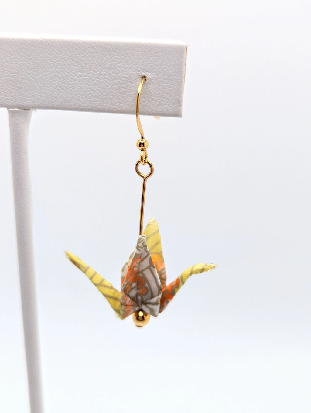 Yellow Chiyogami Origami Crane Earrings - Gold Wires