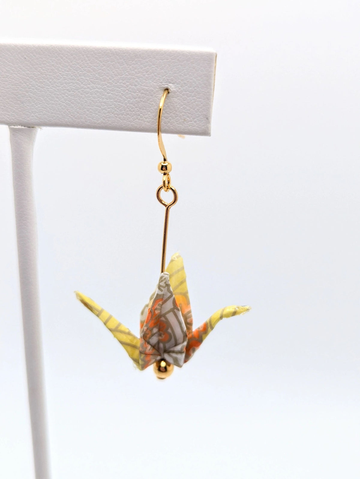 Yellow Chiyogami Origami Crane Earrings - Gold Wires