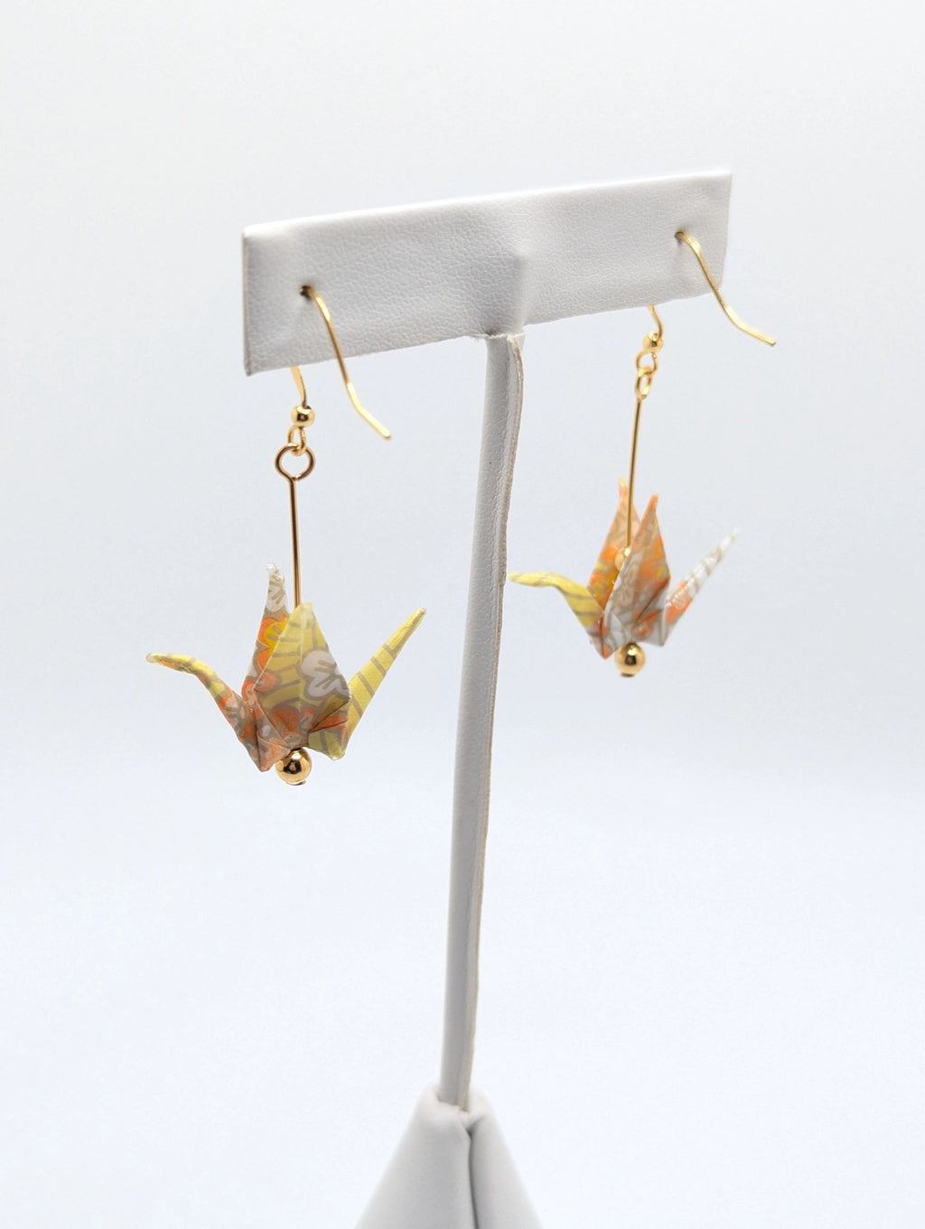 Yellow Chiyogami Origami Crane Earrings - Gold Wires