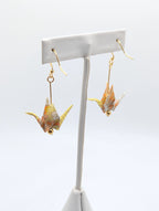 Yellow Chiyogami Origami Crane Earrings - Gold Wires