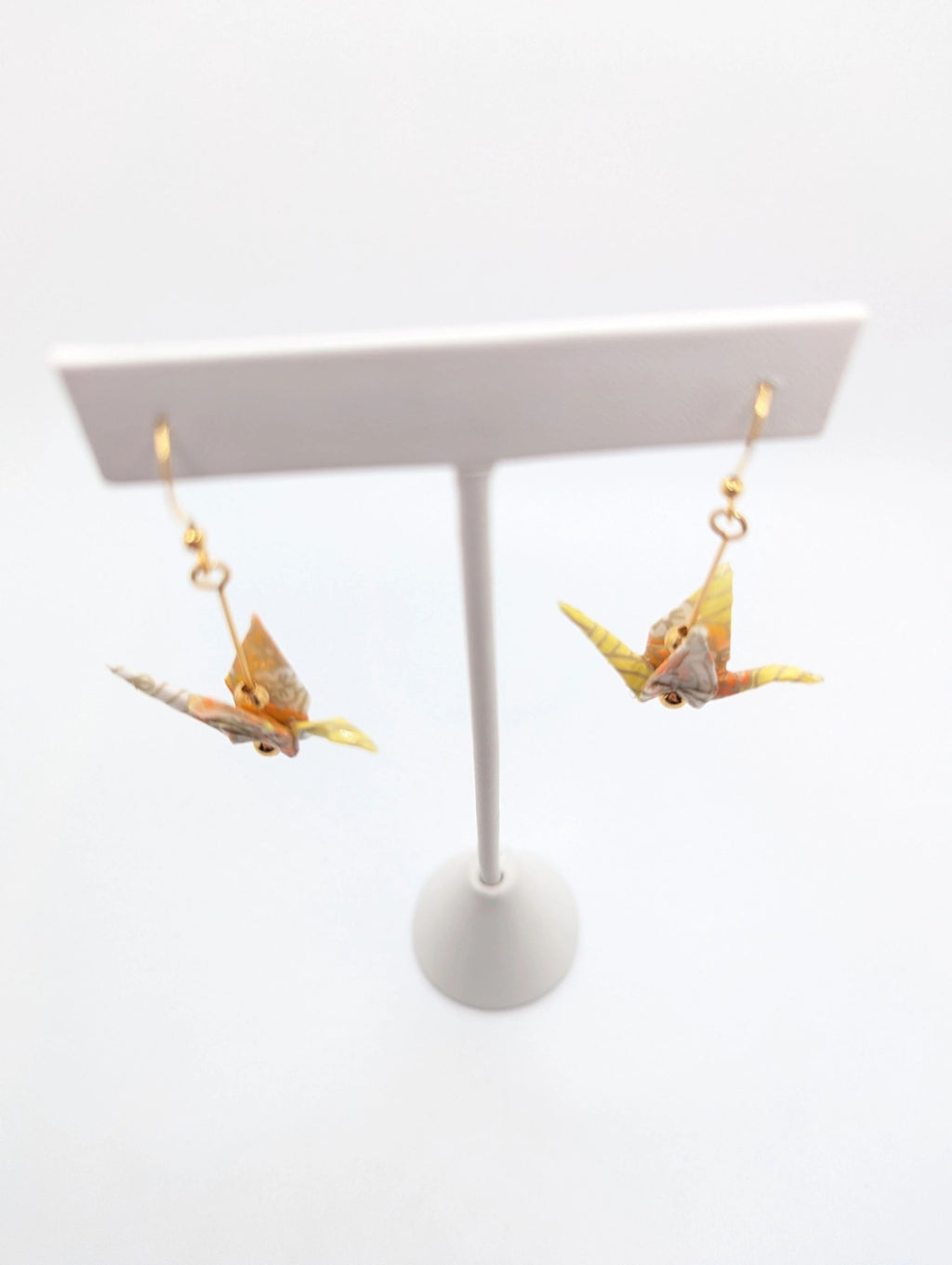 Yellow Chiyogami Origami Crane Earrings - Gold Wires