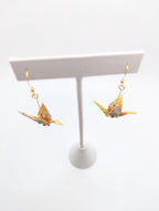 Yellow Chiyogami Origami Crane Earrings - Gold Wires