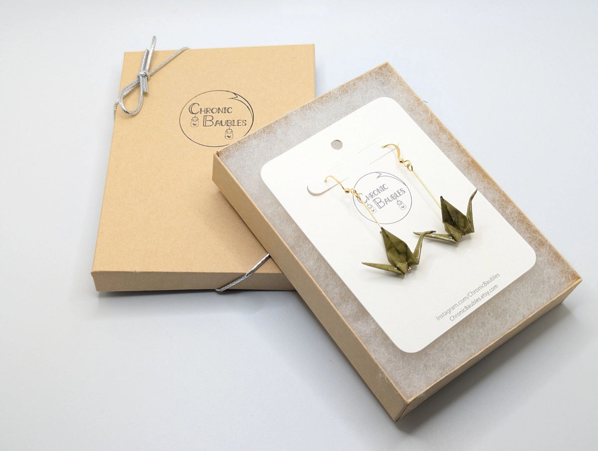 Yellow Chiyogami Origami Crane Earrings - Gold Wires