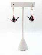 Black and Pink Floral, Tourmaline Origami Crane Earrings