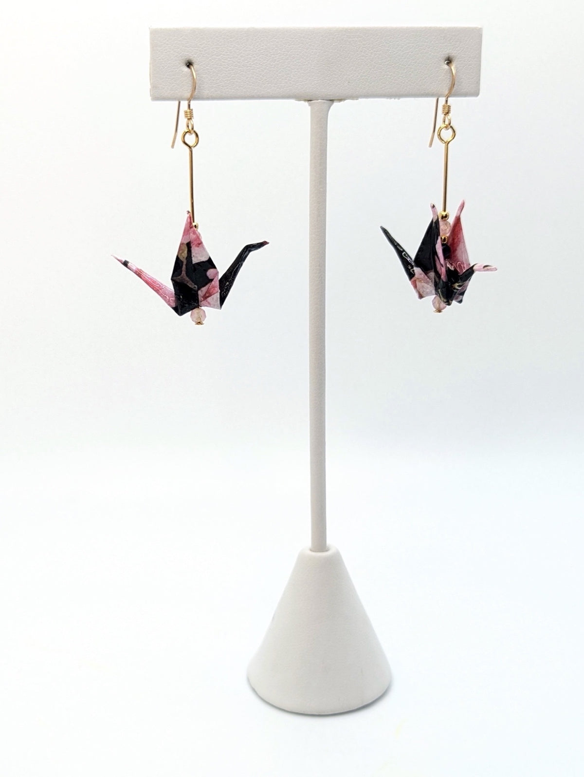 Black and Pink Floral, Tourmaline Origami Crane Earrings
