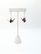 Black and Pink Floral, Tourmaline Origami Crane Earrings