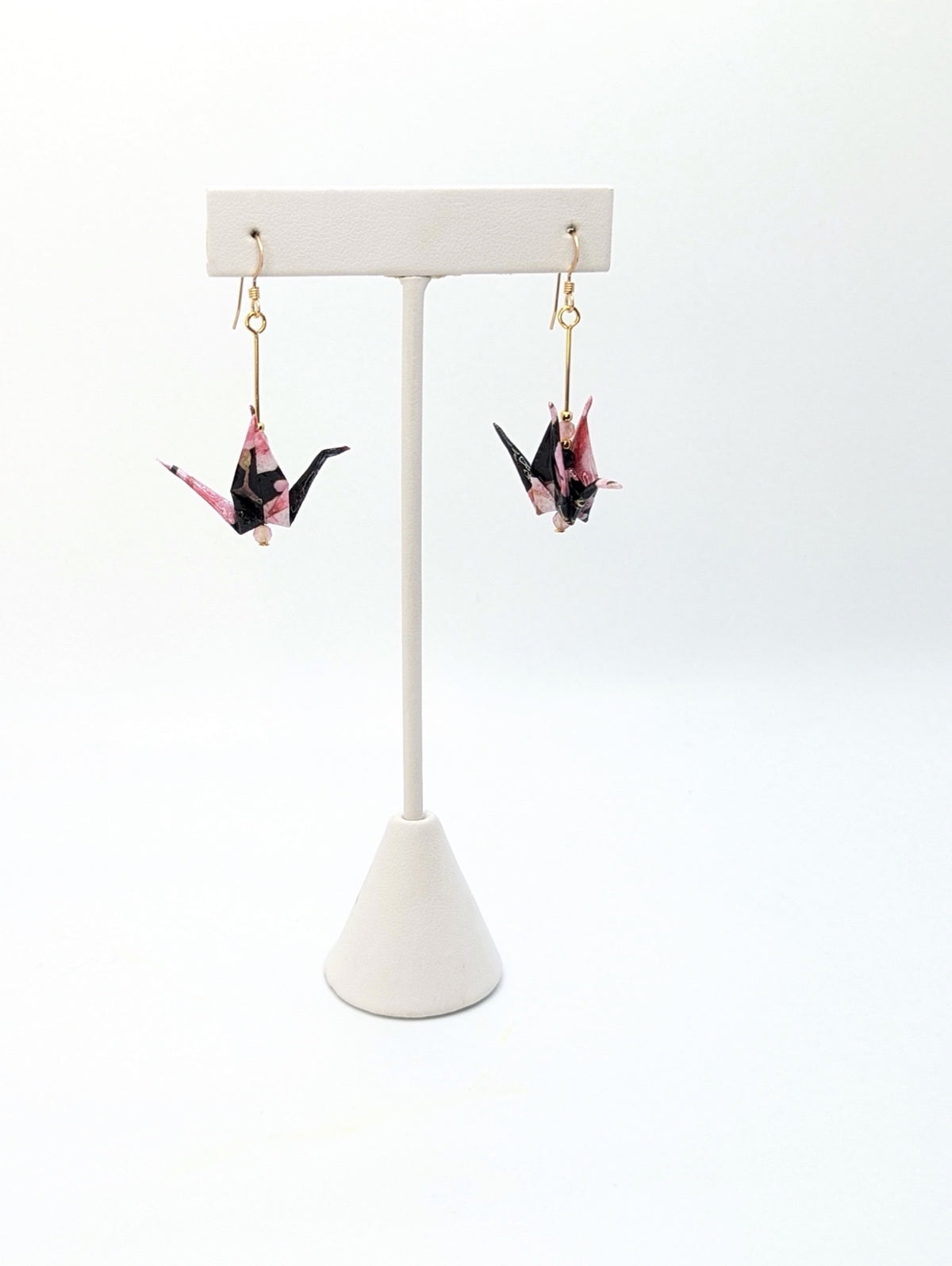 Black and Pink Floral, Tourmaline Origami Crane Earrings