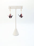 Black and Pink Floral, Tourmaline Origami Crane Earrings