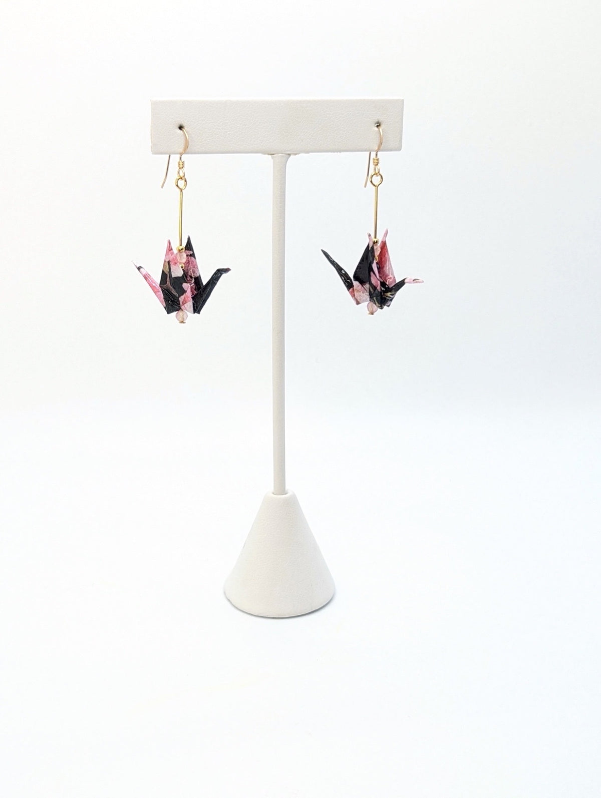Black and Pink Floral, Tourmaline Origami Crane Earrings