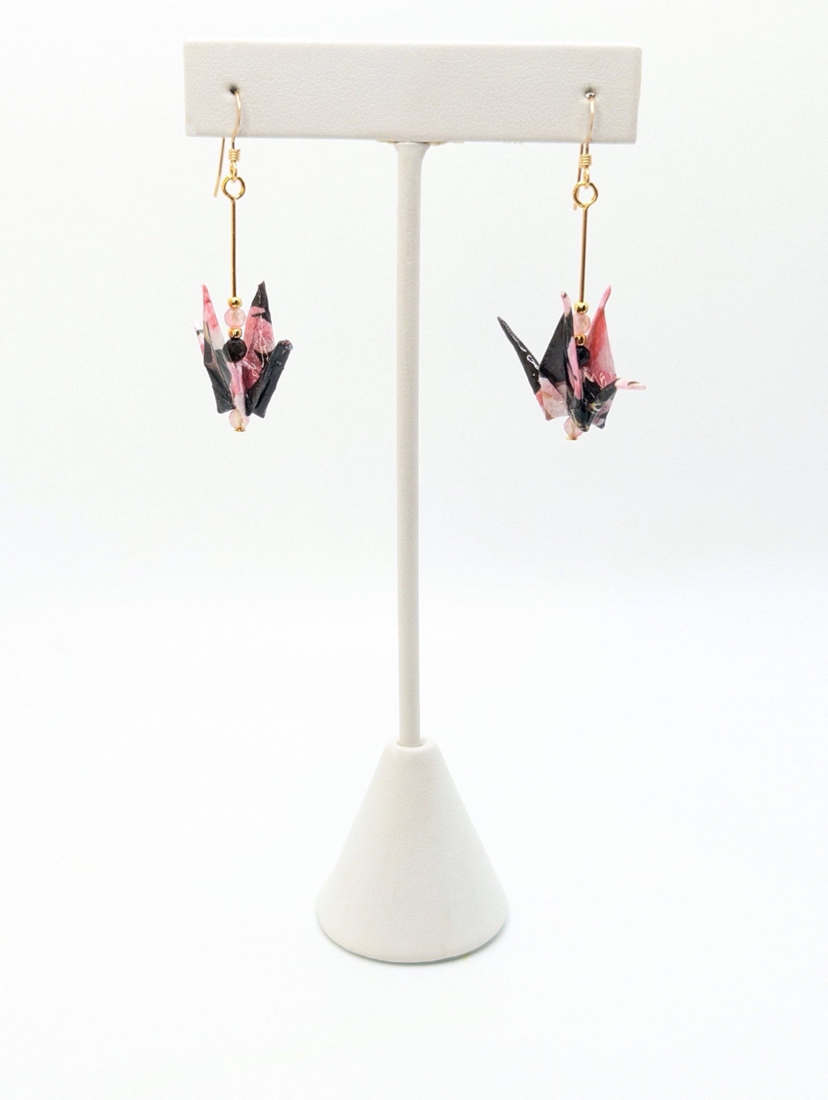 Black and Pink Floral, Tourmaline Origami Crane Earrings