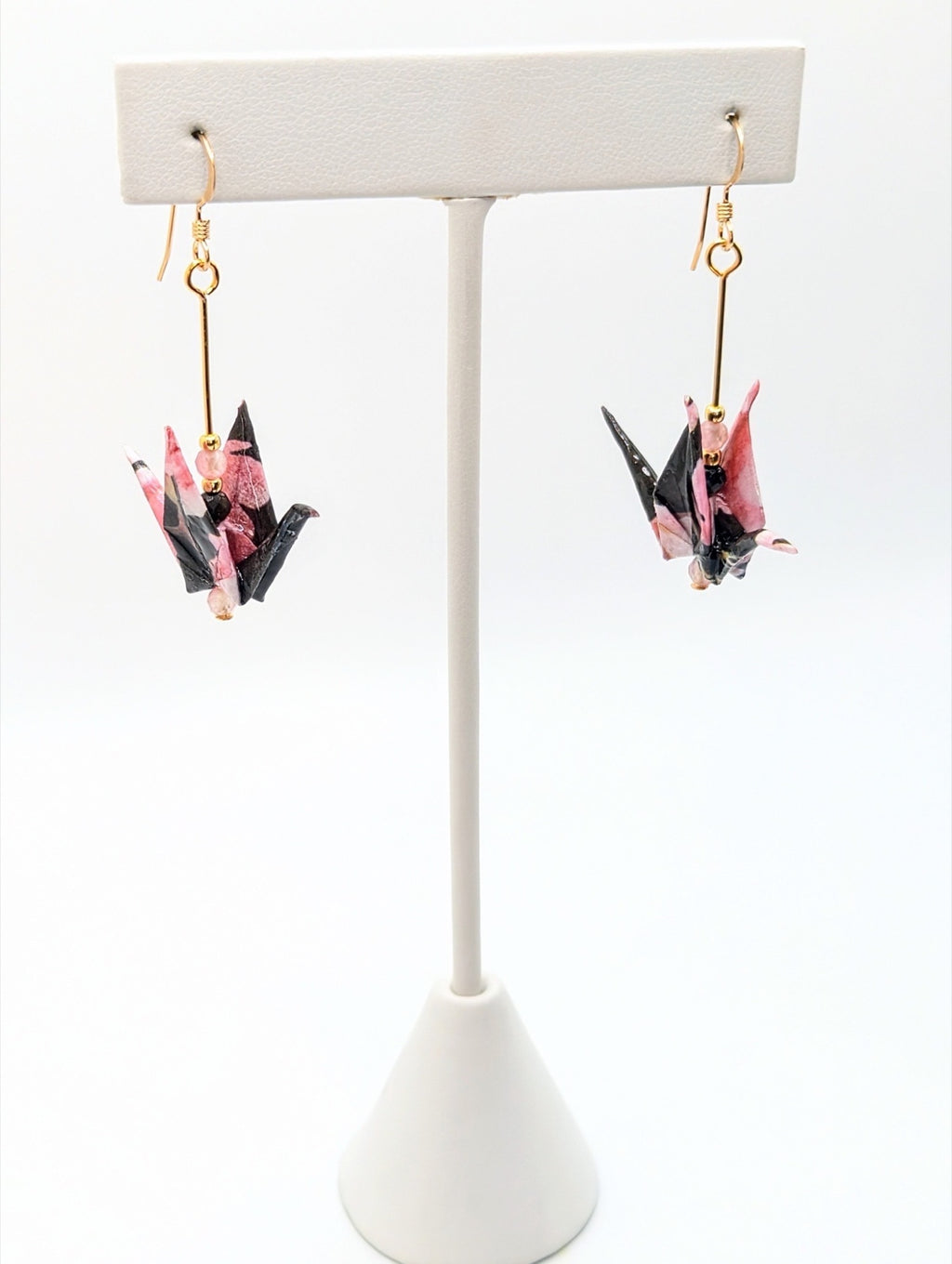 Black and Pink Floral, Tourmaline Origami Crane Earrings