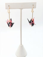 Black and Pink Floral, Tourmaline Origami Crane Earrings