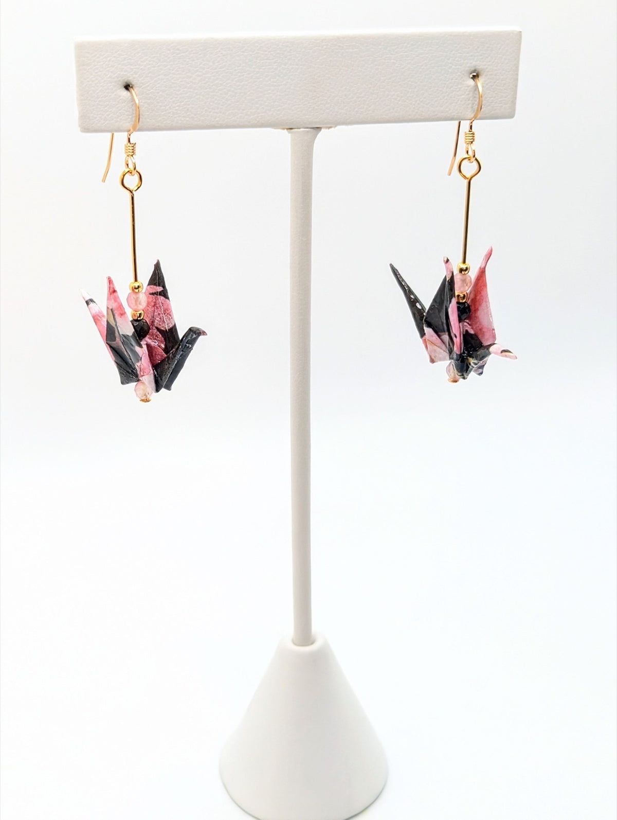 Black and Pink Floral, Tourmaline Origami Crane Earrings