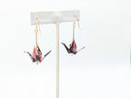 Black and Pink Floral, Tourmaline Origami Crane Earrings