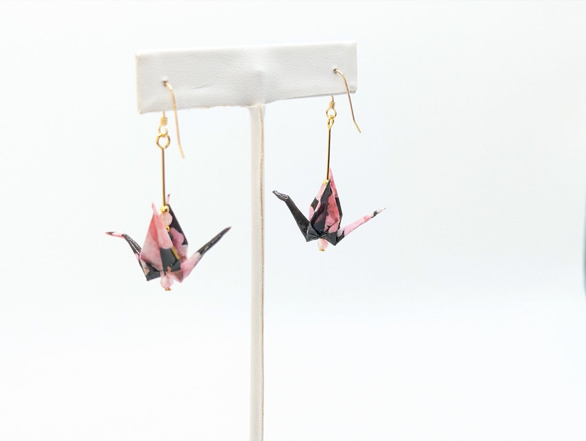 Black and Pink Floral, Tourmaline Origami Crane Earrings