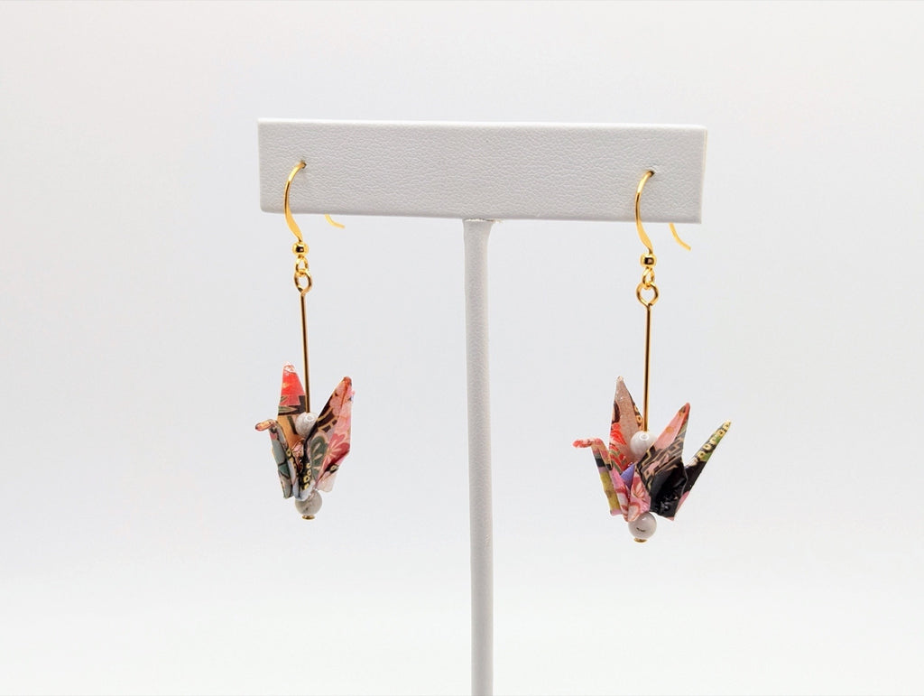 Multicolor, White Agate Origami Crane Earrings