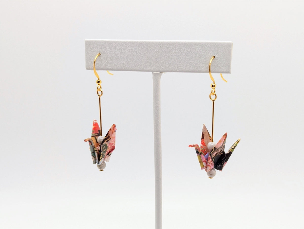 Multicolor, White Agate Origami Crane Earrings