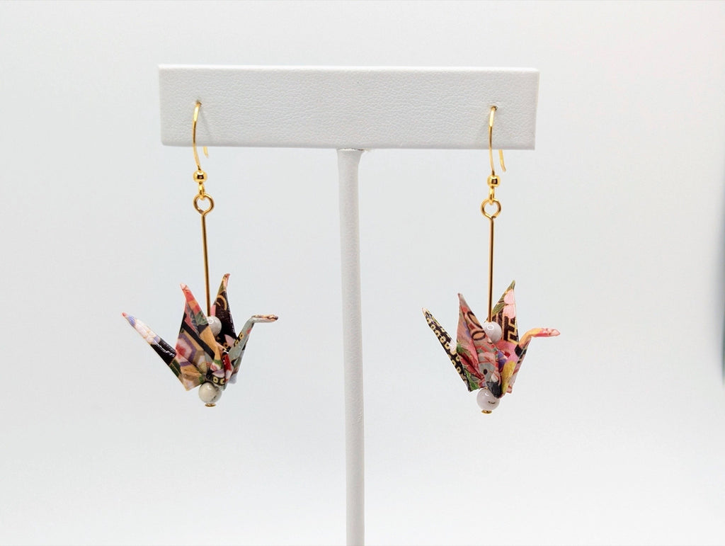 Multicolor, White Agate Origami Crane Earrings